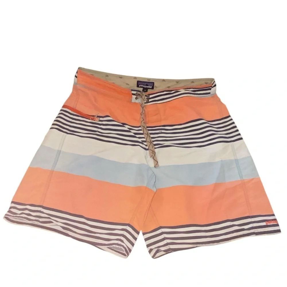Patagonia Orange Blue Striped Board Shorts Swim Trunks Bathing suit Vacation